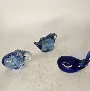 3 vintage cobalt blue figurines, paper‎ weights, elephant, whale and a chicadee.